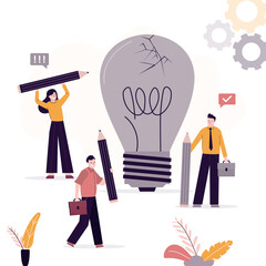 Huge broken light bulb. Collaboration and teamwork in search of new creative ideas, solving complex problems, brainstorming to create innovations, people with pencils giving idea