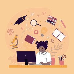 Schoolgirl sitting at workplace and school supplies around her - microscope, textbooks, notepads and stationery items. Little girl student portrait, back to school background.