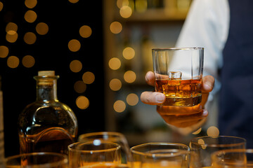 Bartender Serve Whiskey, on wood bar, 