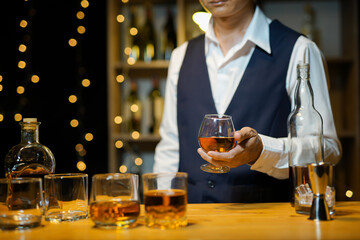 Bartender Serve Whiskey, on wood bar, 