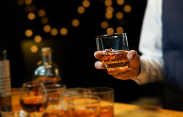 Bartender Serve Whiskey, on wood bar, 