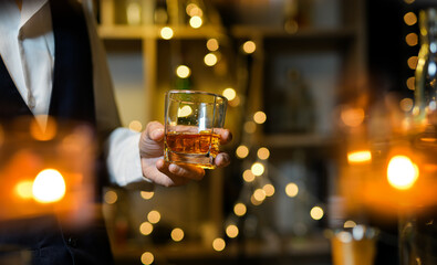 Bartender Serve Whiskey, on wood bar, 