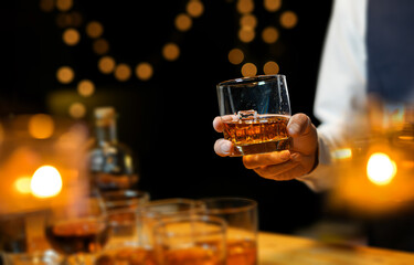 Bartender Serve Whiskey, on wood bar, 