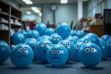 Group of Blue balloon with sad face drawn  in Blue office , Blue Monday concept, Photo realistic,