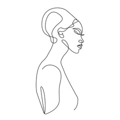 Continuous One Line Art Woman Silhouette. Female Profile Abastract Line Art, sBlack Sketch Outline Drawing on White Background. Vector illustration.