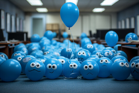 Group of Blue balloon with sad face drawn  in Blue office , Blue Monday concept, Photo realistic,