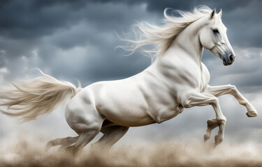 white horse running,
Powerful White Equine in Action