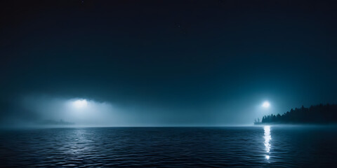 Serene Nighttime Lake Scene Perfect for Dark Background with Mist Over Water and Forested Mountains Under a Starry Sky