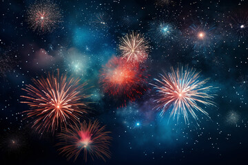 Colorful Firework background at night in sky for festival celebration in new year anniverary.