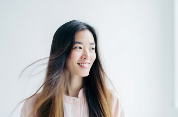 Naklejka premium Portrait of a young beautiful asian woman isolated from a bright background