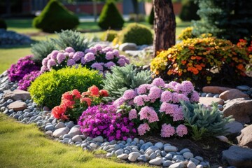 Fototapeta na wymiar Multi-colored flower bed in the park. Outdoor summer gardening. Generative AI