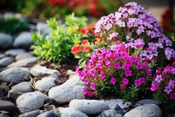 Fototapeta na wymiar Multi-colored flower bed in the park. Outdoor summer gardening. Generative AI