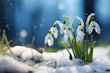 Close up of snowdrop flowers blooming in snow covering. First spring flowers. Generative AI