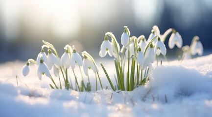 Close up of snowdrop flowers blooming in snow covering. First spring flowers. Generative AI