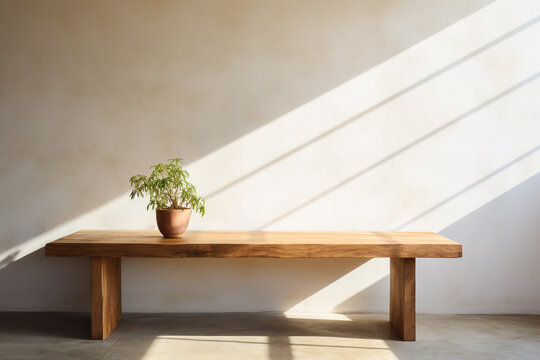 Minimalistic modern wooden table in living room with nature light.