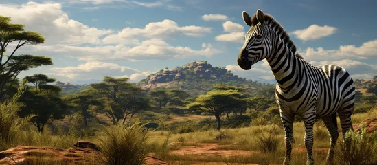 Deurstickers In the vast expanse of Africa's grassland, a majestic zebra, with its distinctive black and white stripes, gracefully grazes on the lush vegetation, blending seamlessly into the natural environment © AkuAku