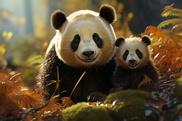mother panda and her cub in the forest
