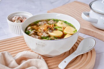 Clear Soup with Bean Curd and Minced Pork, top view food table, thai cusine
