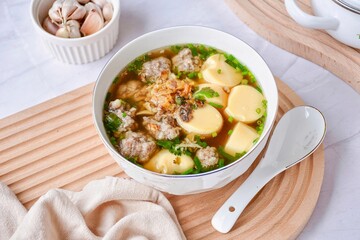 Clear Soup with Bean Curd and Minced Pork, top view food table, thai cusine