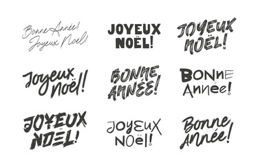 Set of inscriptions - Happy New Year and Merry Christmas in French. Bonne Annee! Joyeux Noel! Beautiful lettering and calligraphy. Drawn with a brush by hand.