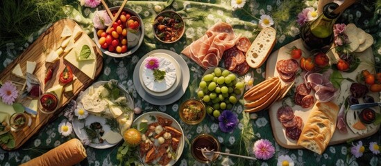 Fototapeta premium In a lush natural setting, a vintage picnic blanket was spread out on the grass for a retro-themed celebration. From a top view, a delectable meal was prepared, showcasing an appetizing array of
