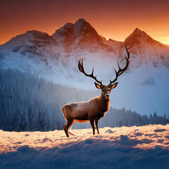 Red Deer Amidst Mountain Wilderness, Wild Red Deer in the Scenic Mountain Range