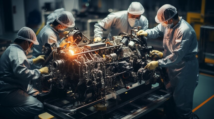 Digital photo of the Aerospace engineers building a Satellite Construction in an Spacecraft factory