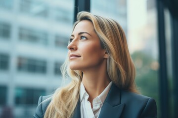 wealthy female young businesswoman looking away with optimism thinking in future investments and ventures