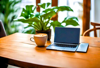 cup of coffee on the table,  Laptop and Coffee on Wooden Table, Wooden Desk with Laptop and Coffee