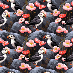 Ilustrated pattern with black volcanic substrate and colorful puffin birds. iceland. Seamless pattern. Digital paper art. - obrazy, fototapety, plakaty
