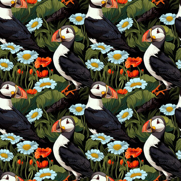 Ilustrated pattern with black volcanic substrate and colorful puffin birds. iceland. Seamless pattern. Digital paper art.