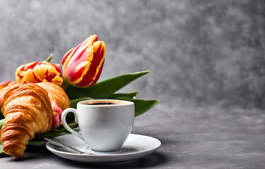 Cozy Coffee Break with Flowers and Croissant, 
Coffee, Croissant, and Blooms on a Table, 
Relaxing Morning with Coffee, Flowers, and Pastry, 
Coffee Time with Fresh Flowers and a Delicious Croissan
