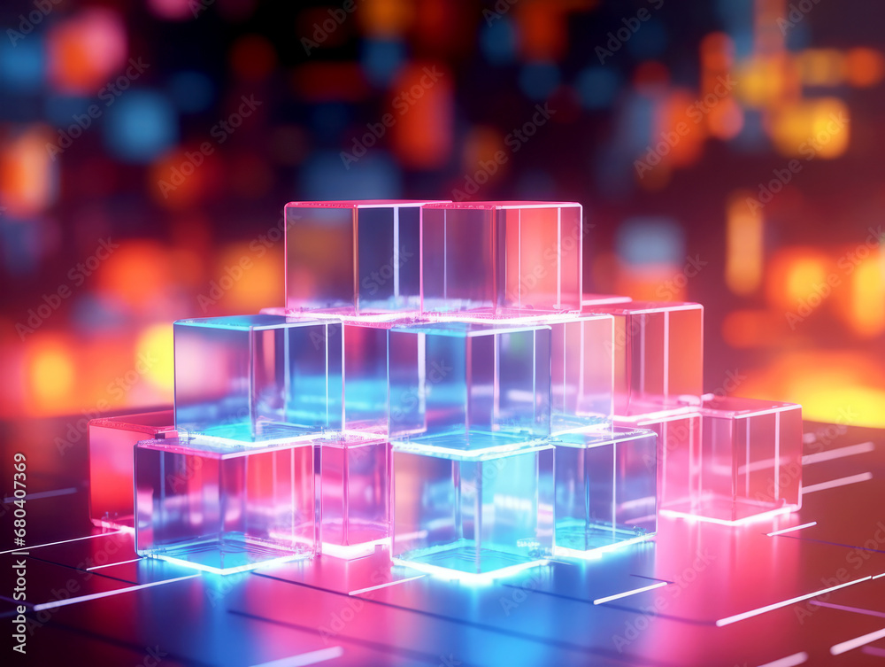 Poster stacked glass cubes with neon accents on tech background. conceptual design. generative ai