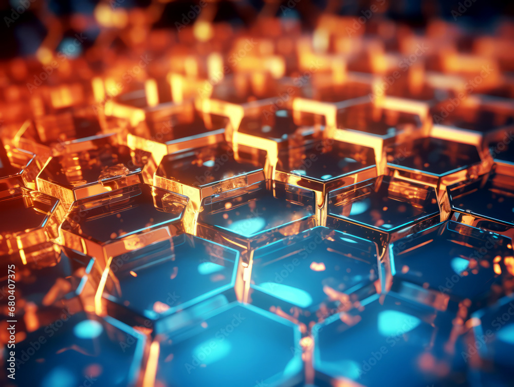 Poster Golden hexagons on blue tech background. Geometric pattern and innovation concept. Generative AI
