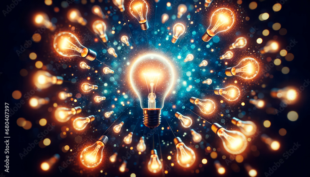 Poster Background conceptual image with glowing light bulb and rays. Generative AI