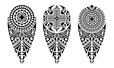 Set of tattoo sketch maori style for leg or shoulder with swastika. Black and white.