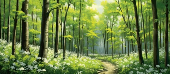 Fototapeta premium breathtaking summer landscape, the vibrant green forest merges harmoniously with the azure sky, creating a stunning backdrop of beauty and tranquility. Towering trees stand tall among the wooden