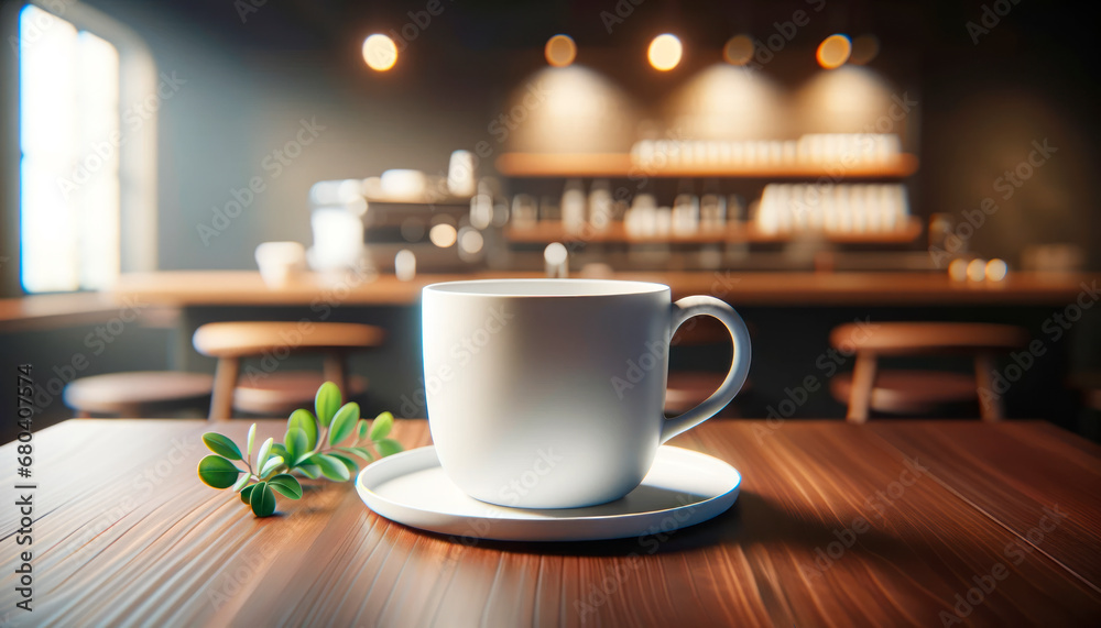 Poster steaming coffee mug on wooden table with cafe atmosphere in the background. generative ai