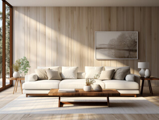 Elegant living space with wooden wall and serene winter landscape. Generative AI