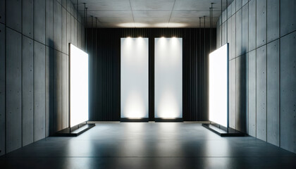 Dual illuminated displays in a modern gallery corridor. Symmetrical design. Generative AI