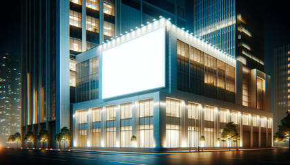 Modern architecture with glowing billboard mockup, evening city backdrop. Visual communication concept. Generative AI