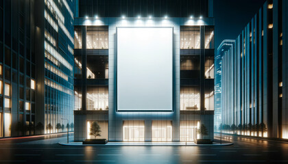 Sleek urban building showcasing a large mockup billboard in a serene night setting. Generative AI - obrazy, fototapety, plakaty