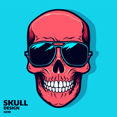 Illustration of red skull with sunglasses, bold line, t shirt retro design element