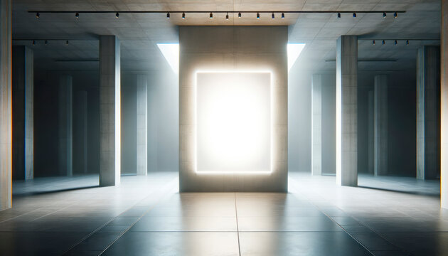 Futuristic glowing frame portal in spacious gallery hall. Light installation. Generative AI