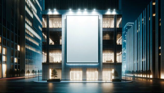 Sleek urban building showcasing a large mockup billboard in a serene night setting. Generative AI