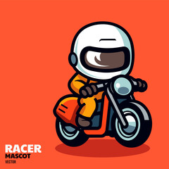 Kawaii design racer mascot rides classic motorcycle, minimalist cartoon logo, t shirt and sticker design