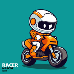 Simple racer mascot rides motorcycle, cute kawaii character, minimalist logo mascot, t shirt design