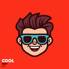 Retro boy's head mascot, smile face with sunglasses, vintage logo element, minimalist simple logo