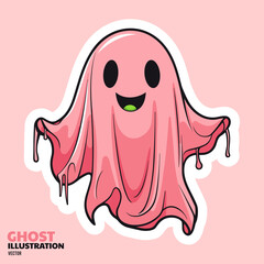cute ghost floating with happy gesture, kawaii art style design, pink colour, sticker design