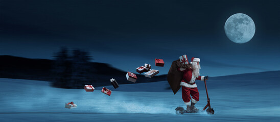 Santa Claus riding a scooter and delivering gifts